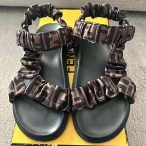 Fendi Sandals FF Monogram Satin Ruched Sport Sandals